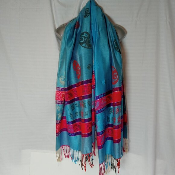 100% Pashmina Women Scarf Wrap Blue Pink Purple 70" x 27" Paisley - Picture 1 of 16